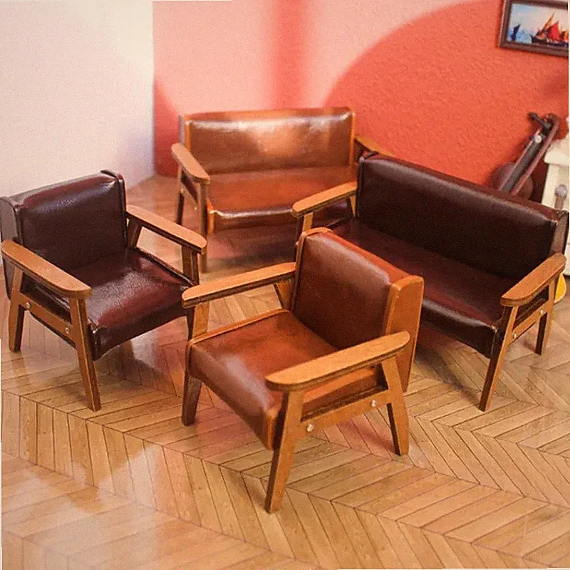2Pcs 1:12 Dollhouse Miniature Leather Sofa Recliner Chair Furniture Accessories