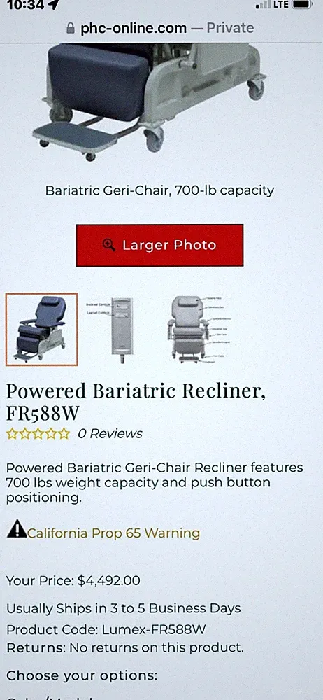 Electric Bariatric Clinical Care Recliner. Only used a few times.