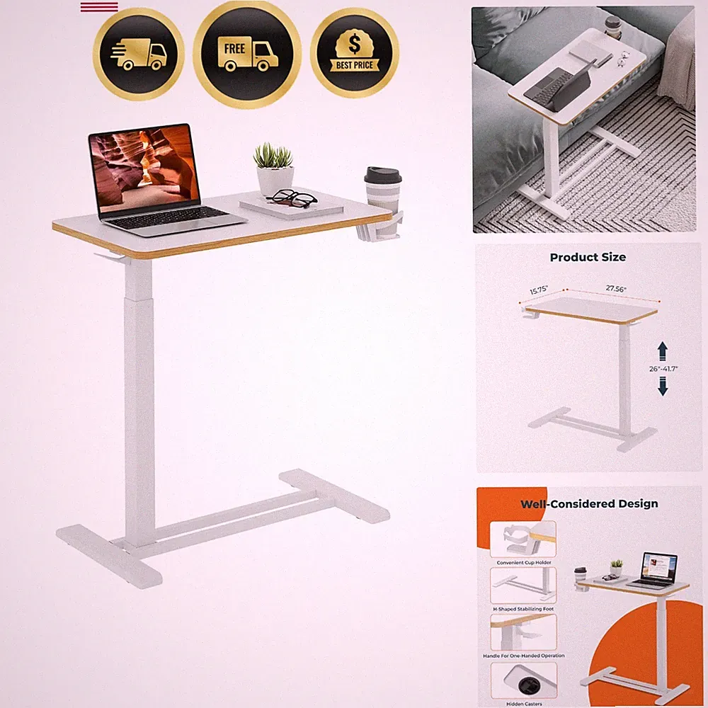 Medical Overbed Adjustable Bedside Table with Hidden Casters, Pneumatic Mobil...
