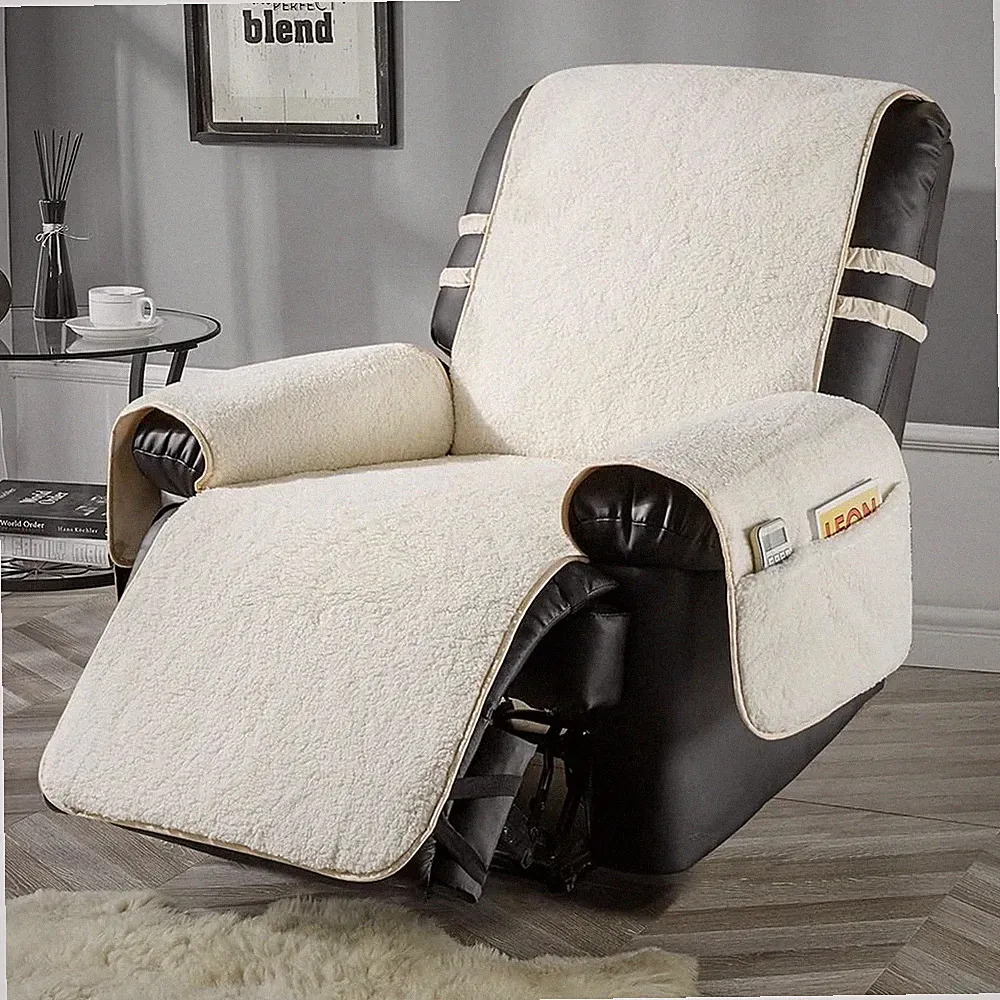 STONECREST Recliner Chair Cover, Sherpa Slipcover, Stay in Place White/Beige,...